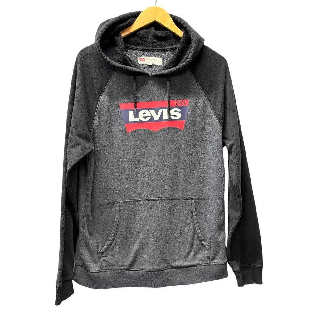 Levi's Hoodie Mens Medium Gray Black Red Logo Pullover Sweatshirt‎ + Pockets